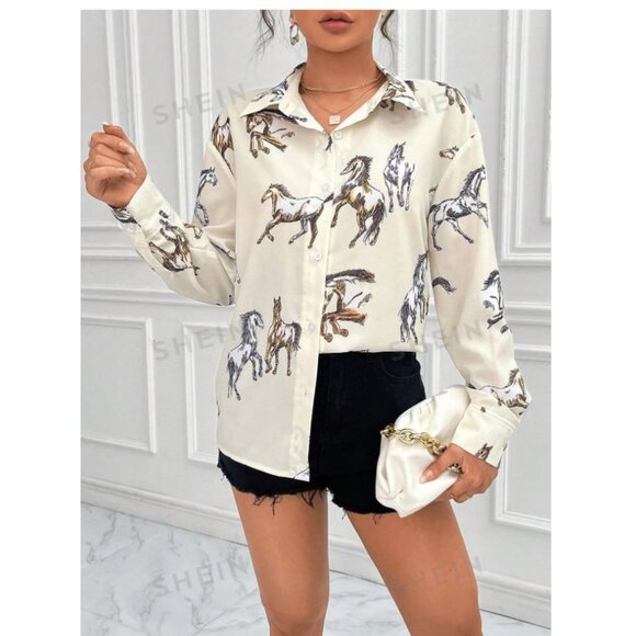 SHEIN Tops - SHEIN Essence Horse Print Button Down Collard Blouse Size Women's Small